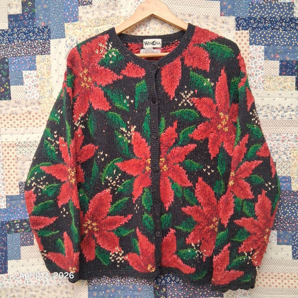 Vintage Winona Knits Beaded Grandma Cardigan Poinsettia Size XL Hand Knitted